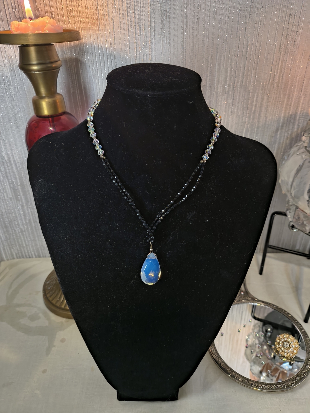 925 Sterling Silver Black Beaded Crystal Blue Teardrop Statement Necklace